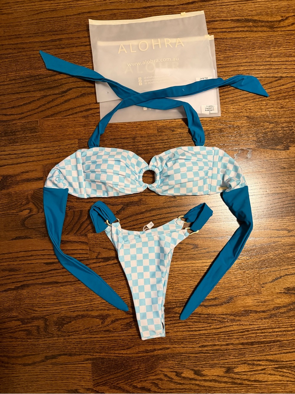 NWT Alohra Blue Bubblegum Check Bikini Set